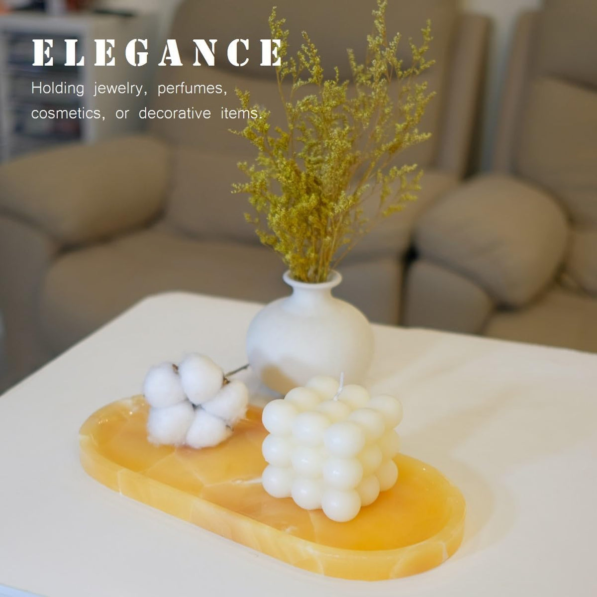 JINGJU Orange Jade Marble Oval Tray 10x5inches, Natural Stone Decorative Tray for Jewelry, Candle, Bathroom Counter, Coffee Table - HavenBliss Decor