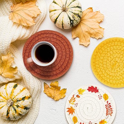 Fall Thanksgiving Coasters Maple Leaves Handmade Braided Cotton Drink Coasters Orange Yellow Non (4 Count)