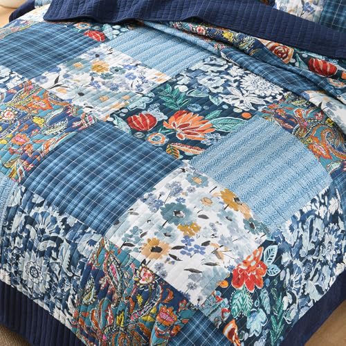Cotton Bedspread Luxury Vintage Floral Patchwork Blue Bedding Quilt Set