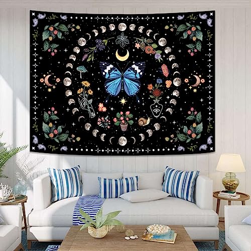 Blue Butterfly Moon Flower Tapestry Botanical Boho Plant Floral Tapestry for Bedroom Aesthetic Hippie Vintage Tapestries Wall Hanging for Living Room Dorm