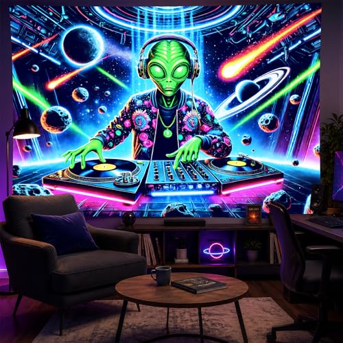 Alien UFO Tapestry Blacklight DJ Tapestry 78 x 59 Inch