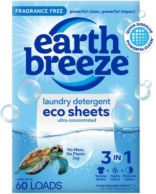 Earth Breeze Laundry Detergent Sheets Fragrance-Free - 60 Loads Eco Liquidless Soap - Travel-Friendly for Hot & Cold Cycles, Tackles Tough Stains & Odors - Gentle on Sensitive Skin, 30 Ct - HavenBliss Decor