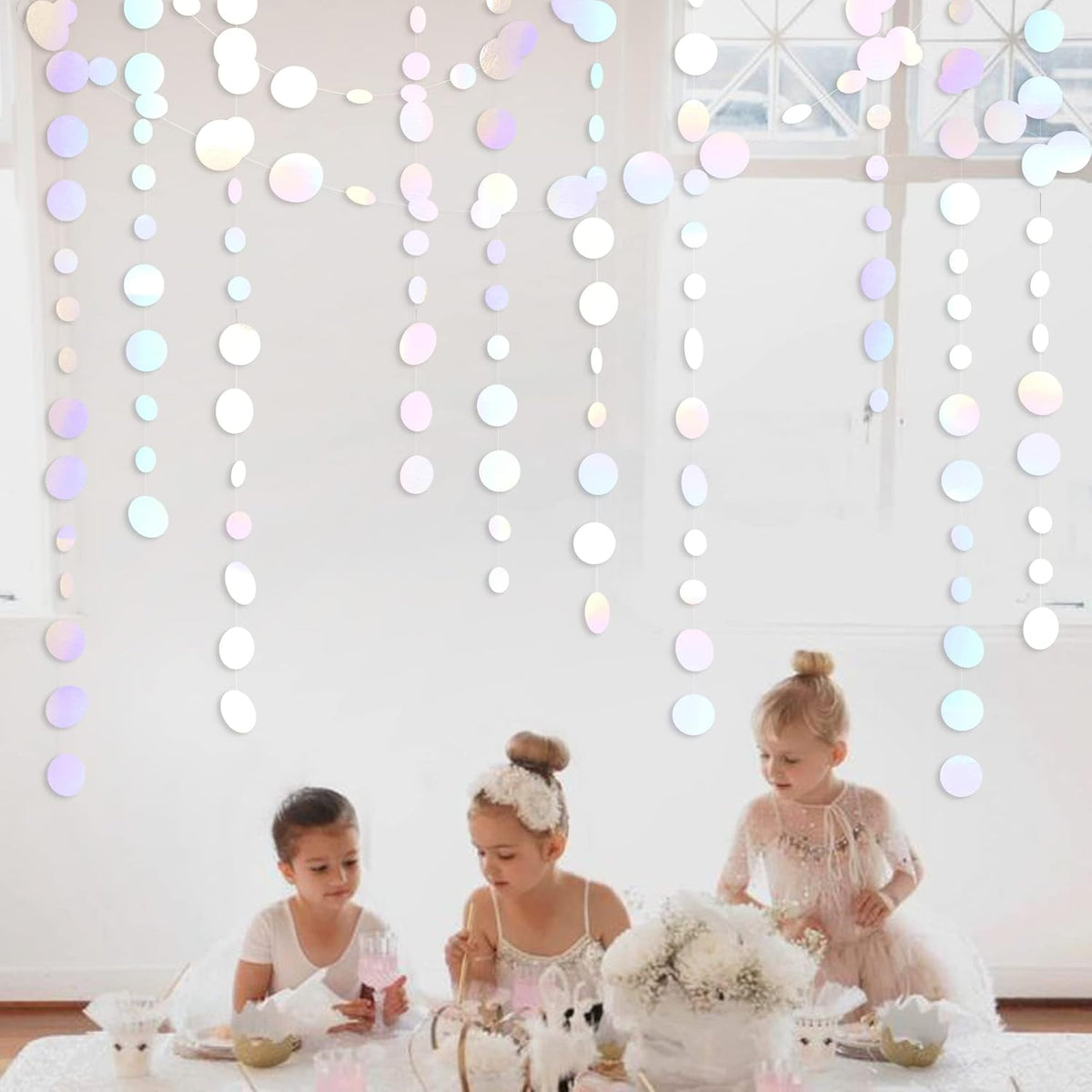 46 Ft White Iridescent Circle Dots Garland Hanging Holographic Polka Dots Streamer for Birthday Bachelorette Engagement Wedding Bridal Shower Galaxy Pastel Winter Christmas Party Decorations Supplies - HavenBliss Decor
