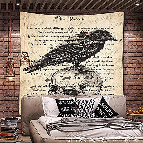 Raven Tapestry Gothic Skull and Raven Dictionary Tapestry Rustic Room Mural Posters 51x60 Inches for Living Room Bedroom Home Dorm