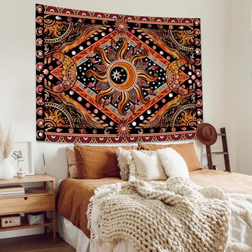 Hippie Sun and Moon Tapestry Bohemian Celestial Tapestry Aesthetic Tapestries for Bedroom and Living Room Decor Sun and Moon 44×60 Inches