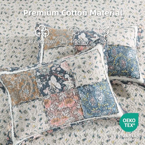 3 Piece Quilt Set King Size Quilted Bedspread Reversible Country Style Blue Floral Paisley Real Patchwork Bedding Quilt Set with Ruffles with Pillowcases for All Seasons
