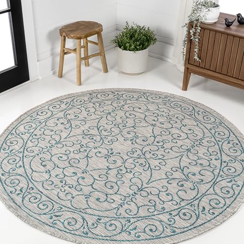 Vintage Filigree Indoor Outdoor Round Area Rug 9 Ft Gray