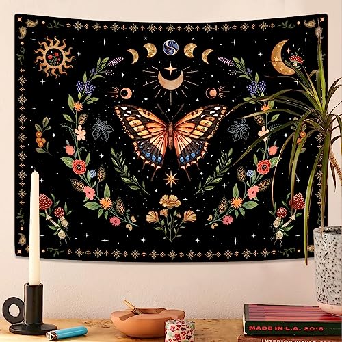 Boho Butterfly Tapestry Flower Moon Wall Tapestry