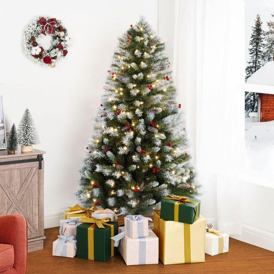 4.5ft Snow Flocked Spruce Christmas Tree with 200 Warm Lights and Metal Stand