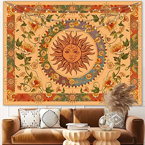 Yellow Sun and Moon Tapestry Indie Tapestries Boho Orange Flower Floral Tapestry Wall Hanging Cool Vintage Aesthetic Wall Tapestry for Bedroom Living Room Dorm