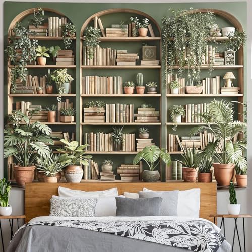 Sage Green Plant Bookshelf Tapestry Botanical Bookshelf Tapestries Wall Hanging Vintage Potted Plants Library Backdrop Extra Large Tapestry for Bedroom Living Room Dorm 90 x 68 inch