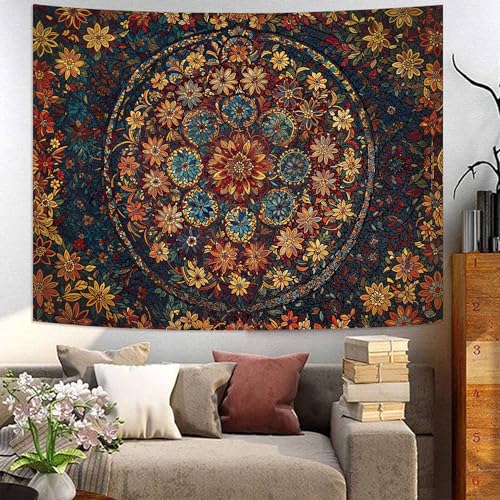 Boho Floral Mandala Tapestry Wall Hanging Vintage Bohemian Flower Medallion Tapestry Aesthetic Orange Stained Glass Hippie Small Tapestries for Bedroom Living Room Dorm Decor 48 x 36 Inch
