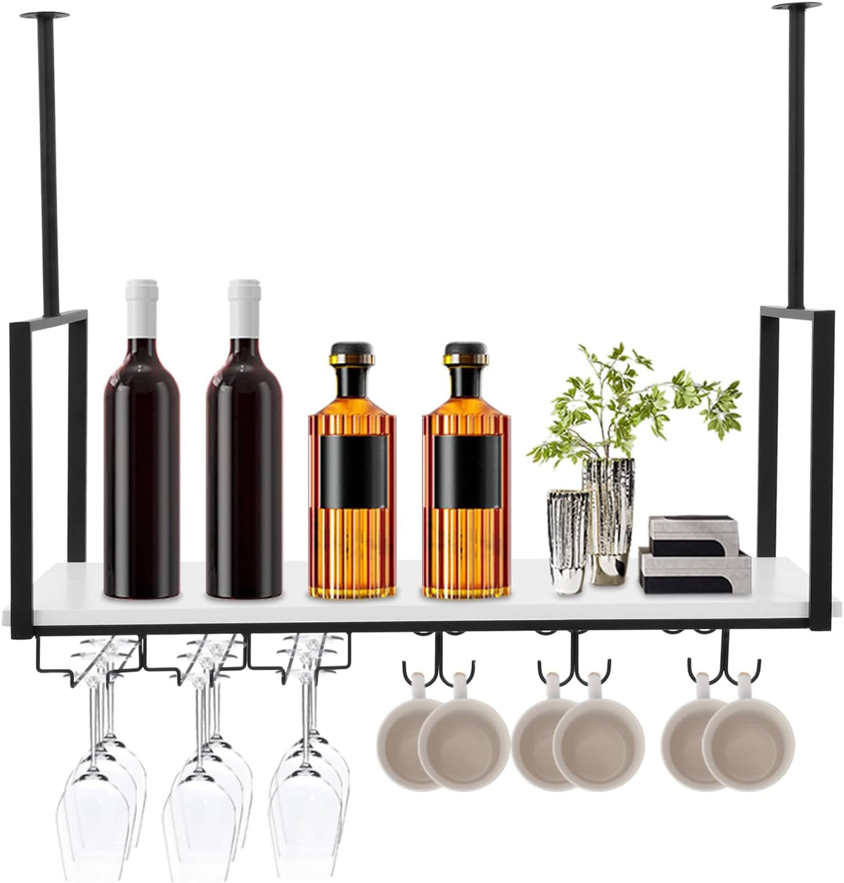 Hanging Wine Rack with Glass Holder and Shelf Metal Ceiling Bar Wine Glass Rack Industrial Wall Mounted Floating Shelve Perfect for Bar Cafe Kitchen Restaurant