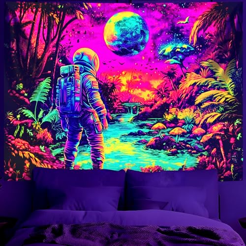 Blacklight Space Astronaut Tapestry UV Reactive Galaxy Planet Glow in Dark Tapestries Black Light Poster Neon Wall Hanging Art for bedroom Living Room