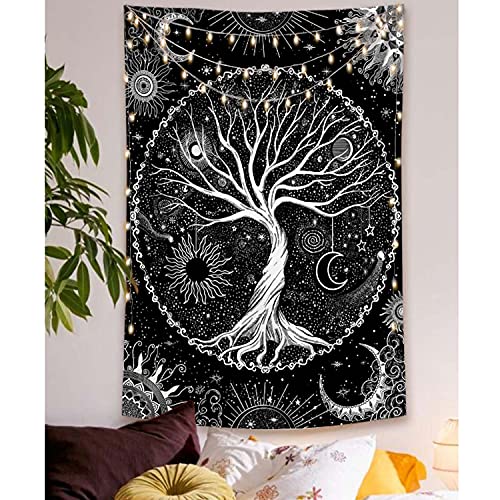 Tree of Life Tapestry Black and White Tapestry Mystical Sun and Moon Tapestries for Bedroom and Living Room Decor Black Tree 36×48 Inches