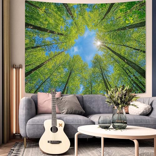 Nature Forest Tree Celling Tapestry Lush Green Treetops Sunlit Tapestry for Bedroom Aesthetic Sky Sunlight Canopy Leaves Landscape Tapestries Wall Hanging for Living Room Dorm Office 48 x 36 Inch