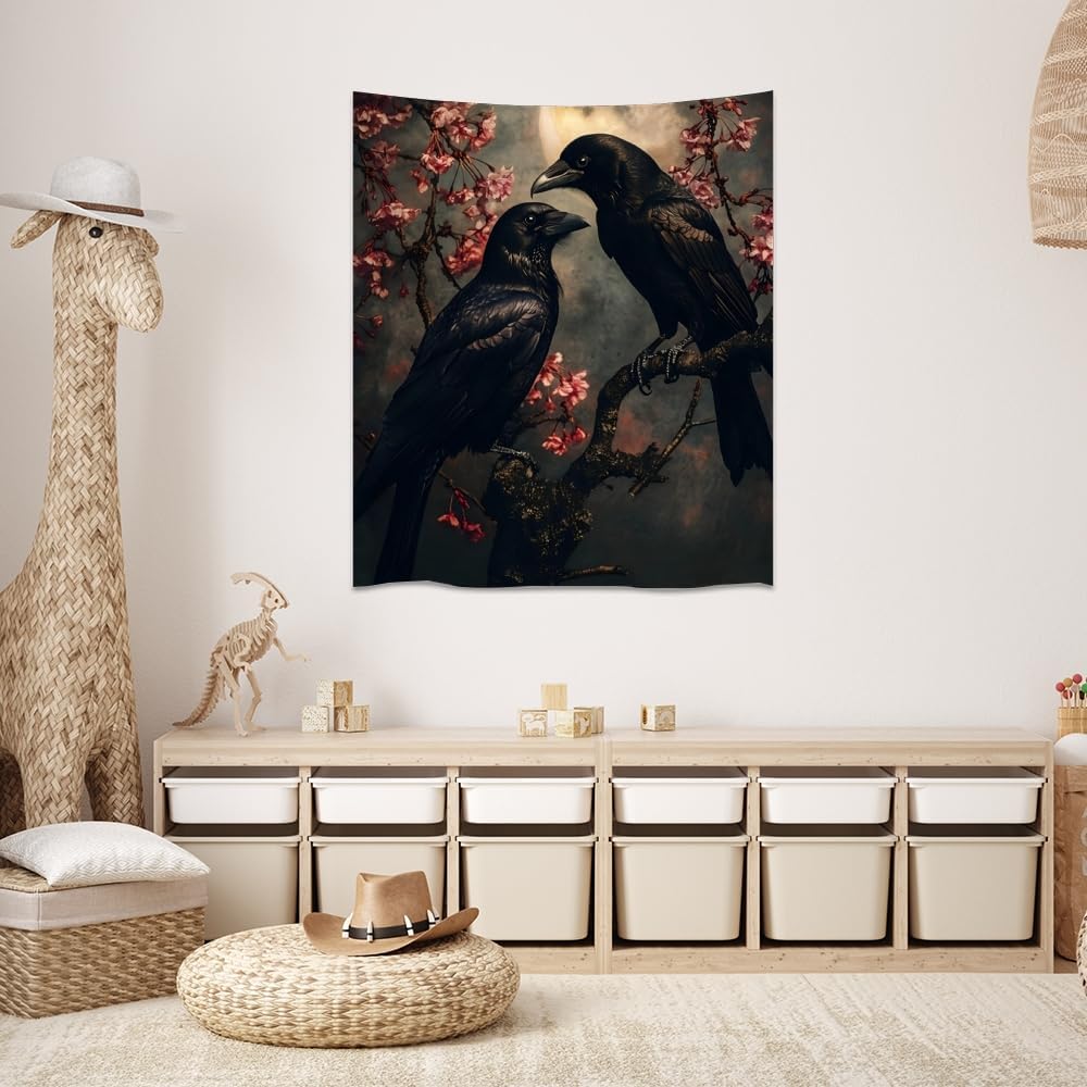 Mystic Gothic Raven Tapestry Halloween Crow Decor Vintage Dark Academia Bedroom Tapestries Retro Art Aesthetic Wall Tapestry for Bedroom Dorm Living Room white