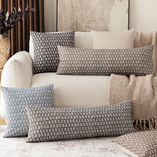 Long Floral Print Lumbar Throw Pillow Covers 14×36 Rustic Gray (2 Count)