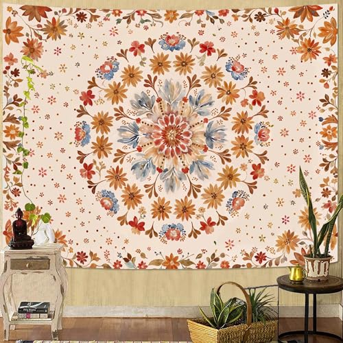 Boho Floral Mandala Tapestry Wall Hanging Watercolor Bohemian Flower Medallion Tapestry Aesthetic Beige Orange Hippie Indian Large Tapestries for Bedroom Living Room Dorm Decor 80 x 60 Inch