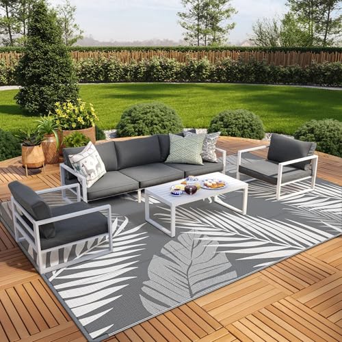 Outdoor Rug Waterproof Plastic Rugs 10'x14' for Camping Grey White