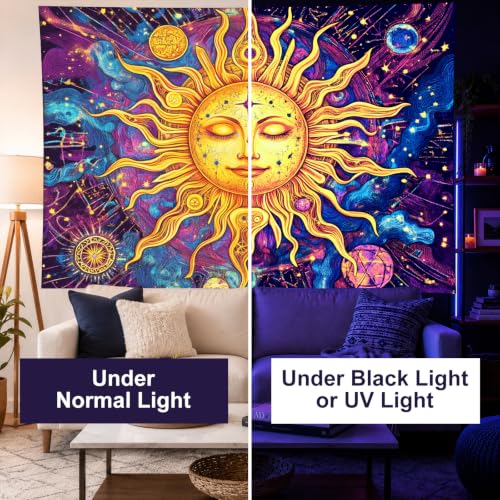 Blacklight Sun Tapestry 78 x 59 Inch Bohemian Dorm Decor