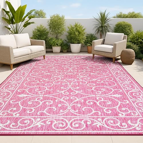 Vintage Filigree Indoor Outdoor Area Rug 4X6 Fuchsia