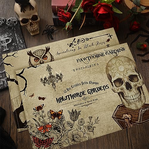 6 Pcs Halloween Placemats 12"x18" Gothic Bat Placemats Kitchen Decoration Washable Witch Place Mats Rectangle Skull Table Mats for Halloween Dining Table Accessories
