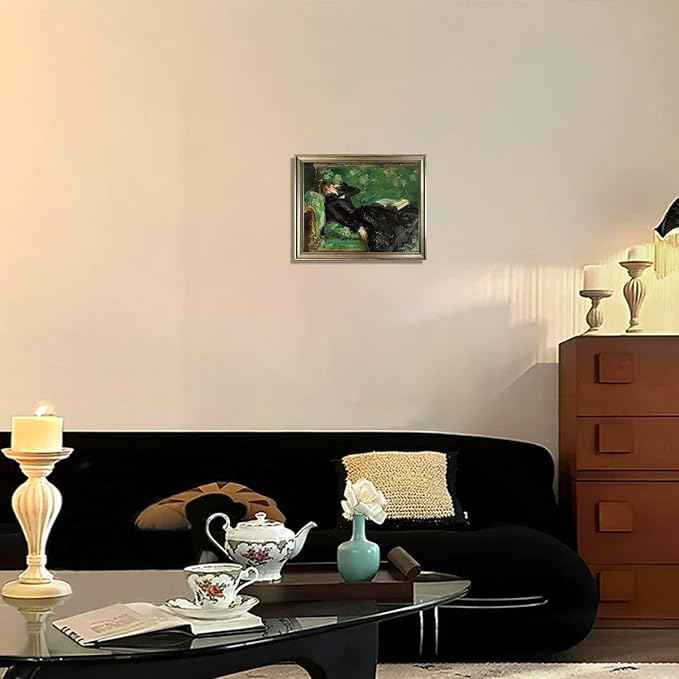 Framed Vintage Woman Reading Book Canvas Wall Art Moody Black and Green Oil Painting Living Room Bedroom Decor Home Artwork