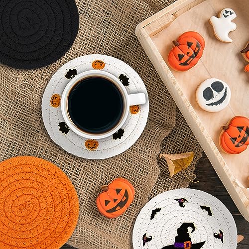 4 Pack Halloween Handmade Braided Drink Coasters Black Orange Pumpkins Witch Hats Absorbent Cotton Cup Coasters Heat Resistant Cup Mats for Halloween Home Kitchen Office Table Decor (4 Count)