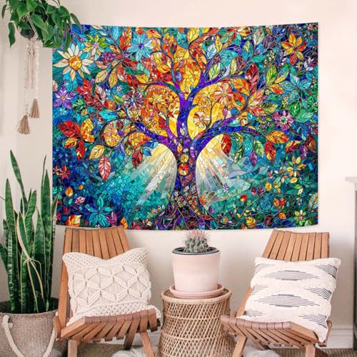 Tree of Life Tapestry Stained Glass Tapestry Wall Decor Tapestries for Bedroom Art Tapestries Wall Hanging for Bedroom Living Room Glass