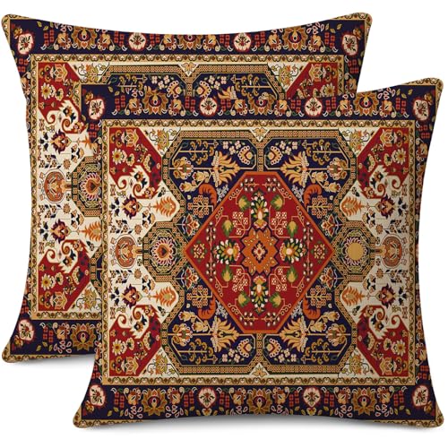 Outdoor Waterproof Pillow Covers 18X18 Inch Set of 2 Tribal Abstract Red and Yellow Vintage Carpet Pattern Decorative Farmhouse Pillow Covers for Couch Garden Balcony (8 Count)
