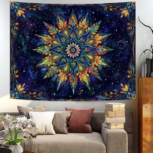 Boho Floral Mandala Tapestry for Bedroom Aesthetic Blue Bohemian Colorful Flower Wall Tapestry Purple Hippie Indian Small Tapestries Wall Hanging for Living Room Dorm Decor 60 x 44 Inch