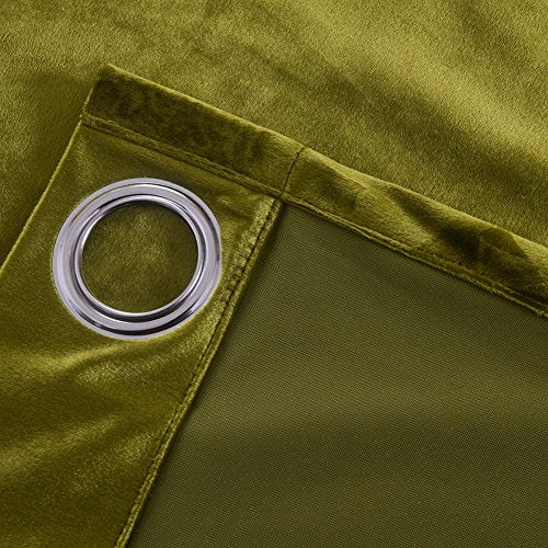 Super Soft Luxury Room Darkening Velvet Moss Green Thermal Blackout Curtain Panel Drapes Grommet Draperies Eyelet 52Wx84L inch Green Yellow