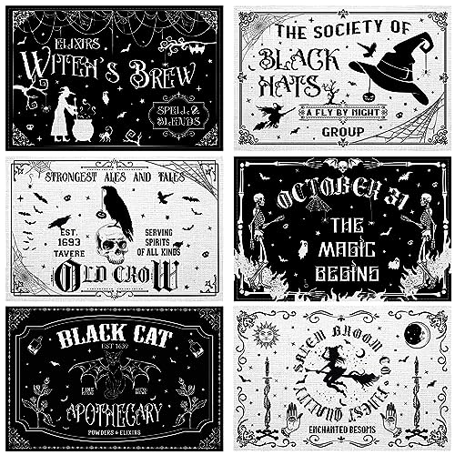 6 Pcs Halloween Placemats 12"x18" Gothic Bat Placemats Kitchen Decoration Washable Witch Place Mats Rectangle Skull Table Mats for Halloween Dining Table Accessories