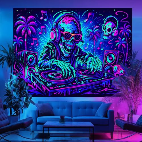 Blacklight Tapestry DJ Skull Party Backdrop 78 x 59 Inch