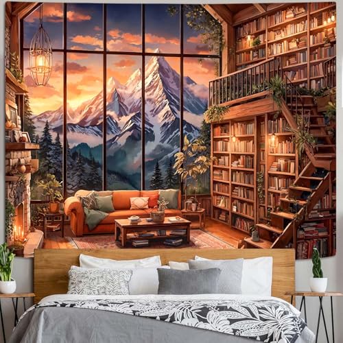 Forest Mountain Library Tapestry Fantasy Bookshelf Tapestries Wall Hanging Vintage Watercolor Nature Fairy Library Backdrop Large Tapestry for Bedroom Living Room Dorm Classroom 80 x 60 inch