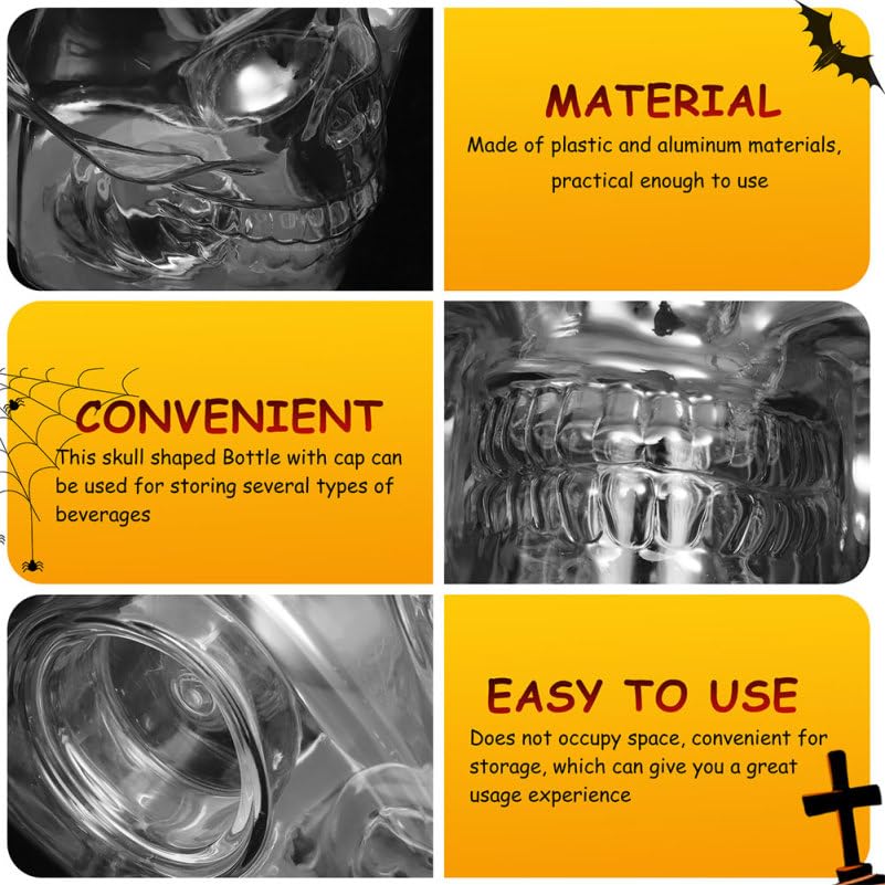 4pcs Halloween Beverage Bottles Clear Skull Shaped Jar Cups 800ml Plastic Drink Bottles with Screw Straw Hole Lid Party Water Tumbler Skull Beverage Juice Mug