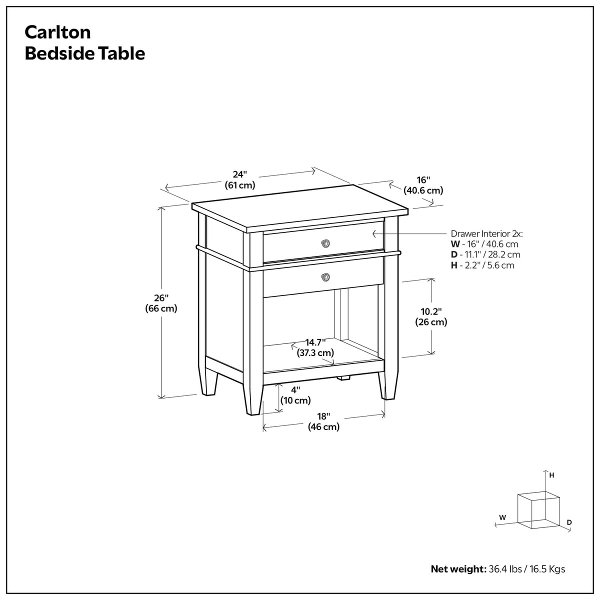 Carlton 24" Wide Solid Wood Bedside Table in Fog Grey