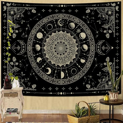 Mandala Moon Tapestry Boho Tapestry for Bedroom Black Tapestries Wall Hanging Living Room Wall Art and Home Decor 44x60