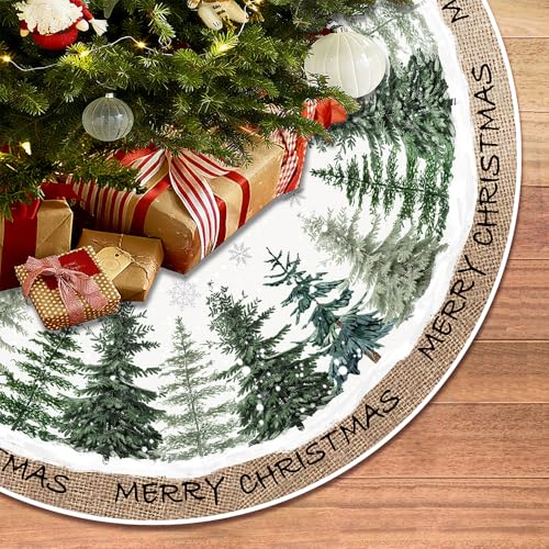 Christmas Tree Skirt 48 Inch Pine Trees Snowy Forest Christmas Tree Skirt Collar for Farmhouse Vintage Rustic Merry Christmas Xmas Winter Holiday Party Decoration