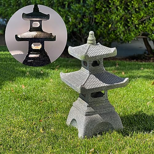 2 Tier Pagoda Garden Statue LED Solar Powered Light 26" Tall Outdoor Zen Garden Lantern Landscape Lawn Asian Pagoda Stupa Decor Grey Resin
