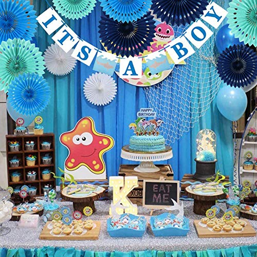 Honeycomb Round Paper Fans Blue White Hanging Party Decoration (11 Count)