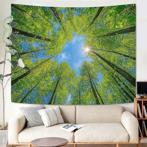 Nature Forest Tree Celling Tapestry Lush Green Treetops Sunlit Tapestry for Bedroom Aesthetic Sky Sunlight Canopy Leaves Landscape Tapestries Wall Hanging for Living Room Dorm Office 60 x 44 Inch