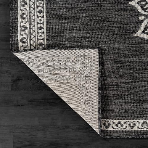 Outdoor Rug 9x12 Medallion Darkgray Modern Large Area Rugs for Indoor and Outdoor Patios Kitchen and Hallway Mats Washable Porch Deck Outside Carpet (108 Sq Ft)