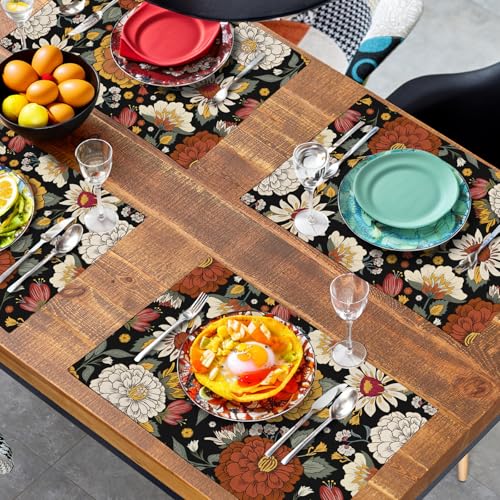 Black Boho Floral Placemats Set of 4 Spring Summer Vintage Flowers Botanical Decorative Table Mats Mid Century Modern Linen Place Mats for Party Kitchen Dining Outdoor Indoor Decor (4 Count)