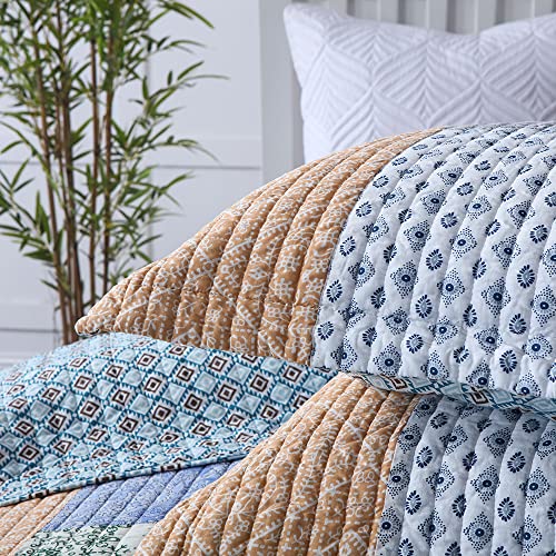 Cotton Bedspread Quilt Sets 3 Pieces Reversible Coverlet Sets Comforters Blue Bohemian Paisley Patchwork Bedspread (3 Count)
