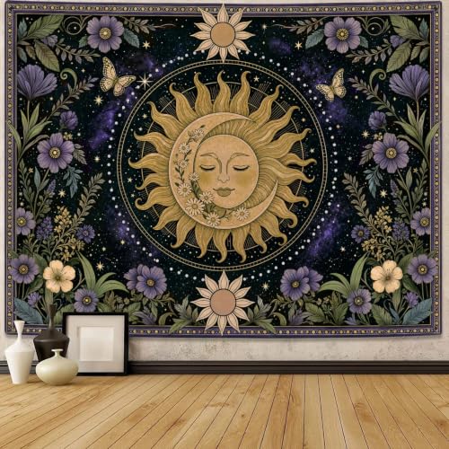 Boho Vintage Sun and Moon Hippie Purple Floral Tapestry 80 x 60 Inch