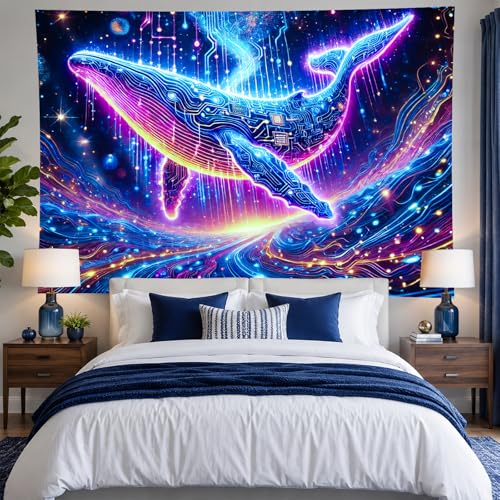 Blacklight Tapestry Whale Circuit Glow Backdrop 78 x 59 Inch