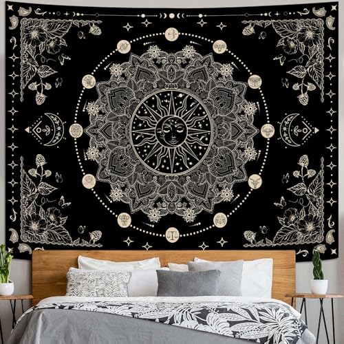 Sun and Moon Mandala Tapestry Boho Tapestry for Bedroom Black and White Tapestries Wall Hanging Living Room Wall Art and Home Decor 60x80
