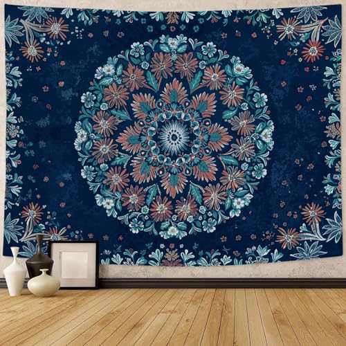 Boho Floral Mandala Tapestry Wall Hanging Blue Bohemian Flower Medallion Tapestry Aesthetic Vintage Navy Hippie Indian Small Tapestries for Bedroom Living Room Dorm Decor 48 x 36 Inch